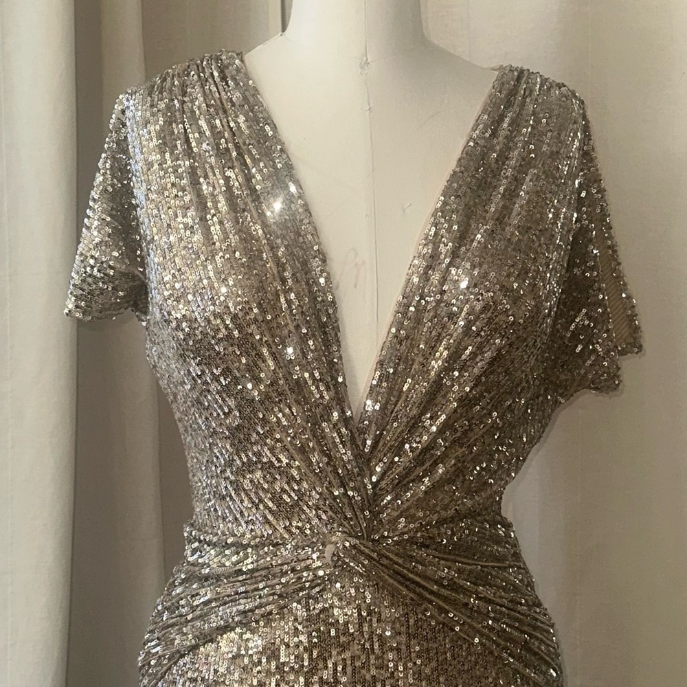 Metallic Sequin NWT Evening Gown - Low V Neck with Flap Sleeves - Picture 15 of 17